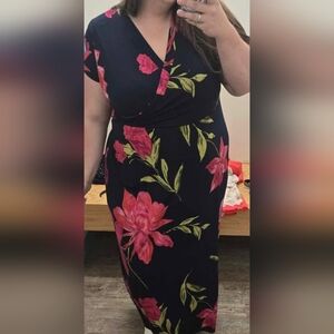 Cato Black Midi Dress with Pink and Green Floral Design